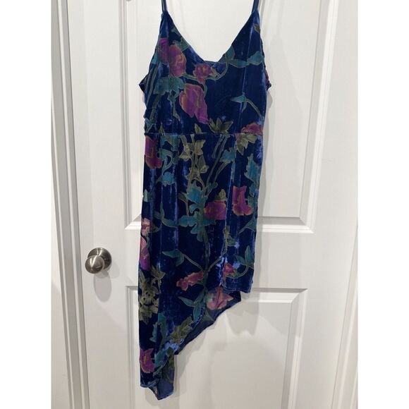 Lulus Evenings with You Blue Floral Asymmetrical Velvet Dress | L - Picture 2 of 6